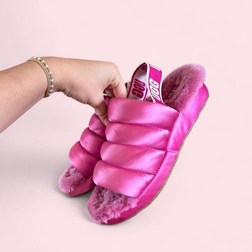 Hot Pink UGG Puff Yeah slides with ribbed texture and sling back with UGG logo